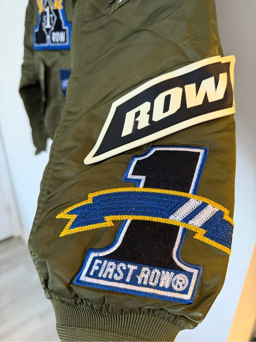 First Row Radical Olive Green Patch Bomber Jacket